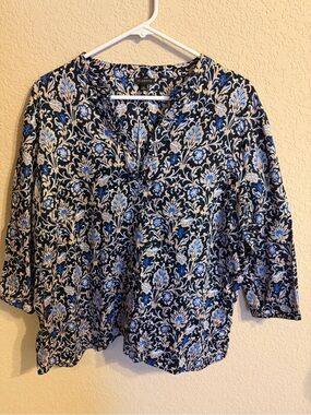 Talbots Navy Floral Paisley Split-Neck Blouse